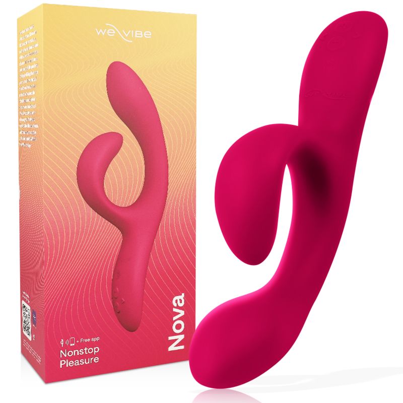 Rosa Vibrator mit geschwungener Form und Verpackung. Auf der Verpackung steht "We-Vibe Nova".