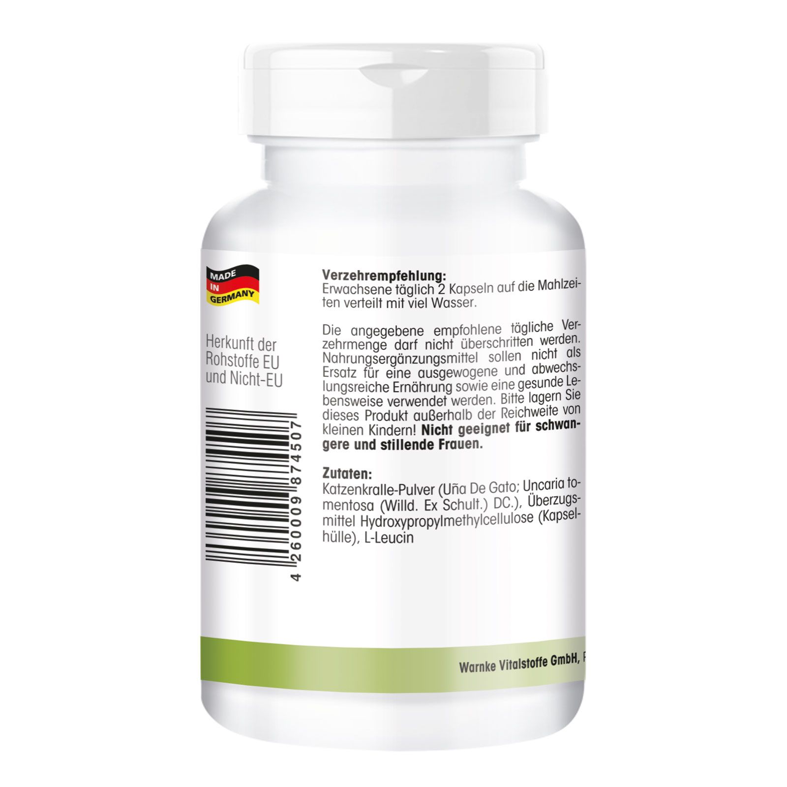 Rückseite der Kapsel-Dose. Text mit Inhaltsstoffen und Verzehrempfehlung. 'Made in Germany' Logo. EU-Herkunft.