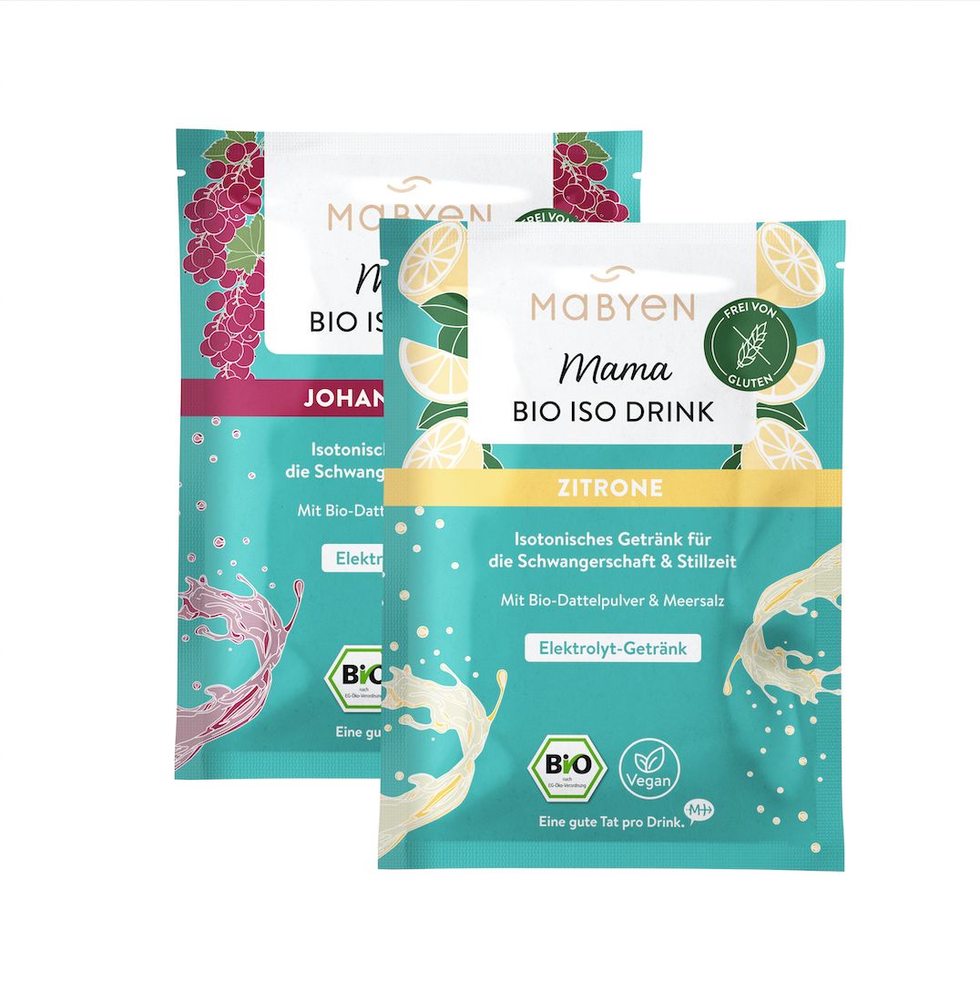 Zwei Beutel MABYEN Mama Bio Iso Drink, Zitrone. Türkis-weißes Design mit Produktnamen, Bio-Siegel und Text. Glutenfrei und vegan.