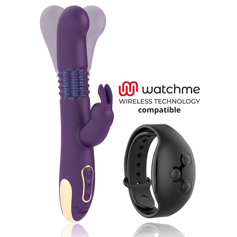 Lila Vibrator mit Kaninchenohren. Geriffelte Oberfläche. Goldfarbene Akzente. Schwarze Fernbedienung.