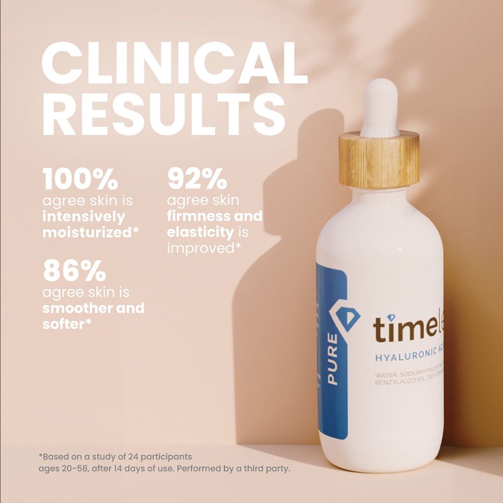 Weiße Flasche mit Holzdeckel und Pipette. Text zeigt klinische Ergebnisse: Feuchtigkeit, Festigkeit, Geschmeidigkeit.