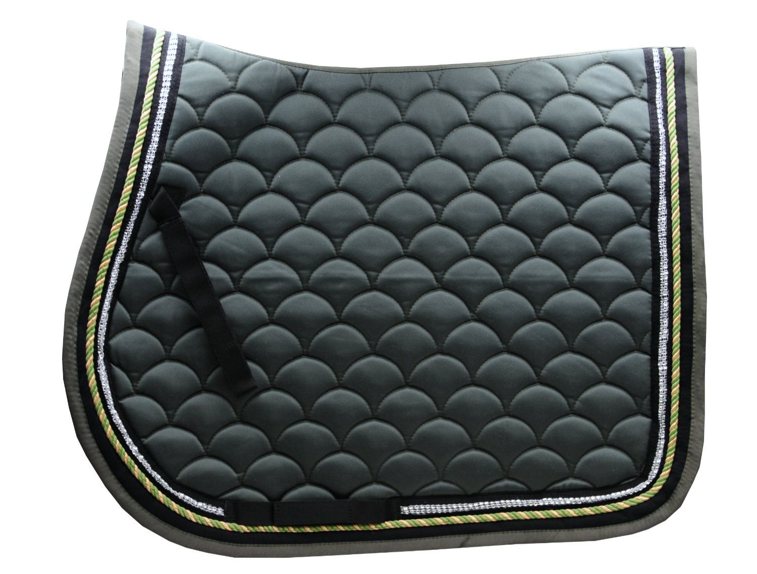 Schabracke in Grau mit zweifarbiger Kordel und Glitzersteinen. Quadratische Steppung. Schwarze Schlaufen.