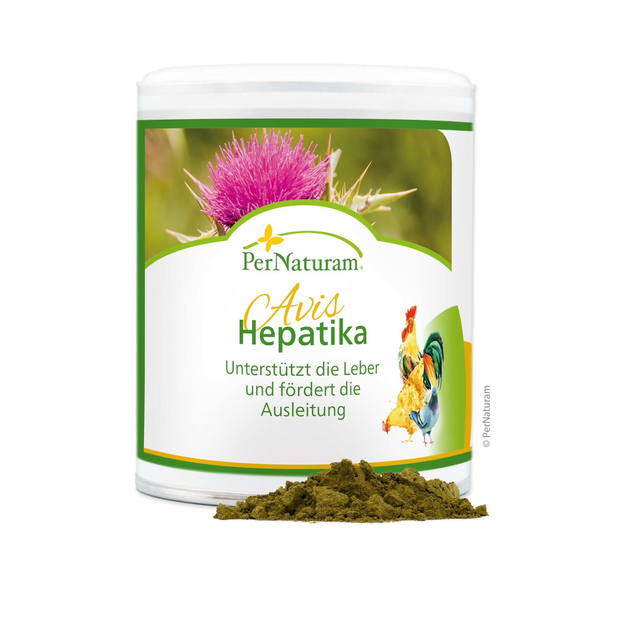 PerNaturam Avis Hepatika. Dose mit Produkt und Haufen. Text: Unterstützt die Leber und fördert die Ausleitung. Logo und Illustration.