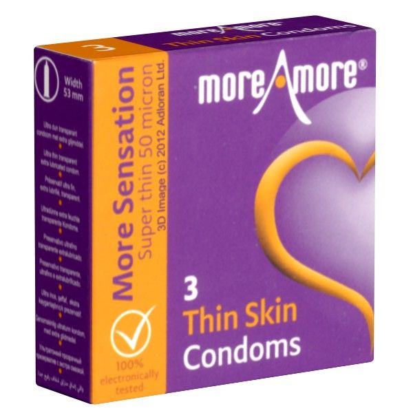 Lila Schachtel mit "more Amore" Logo und gelbem Herz. Text: "Thin Skin Condoms", "3". Orangefarbener Streifen mit Text: "More Sensation".