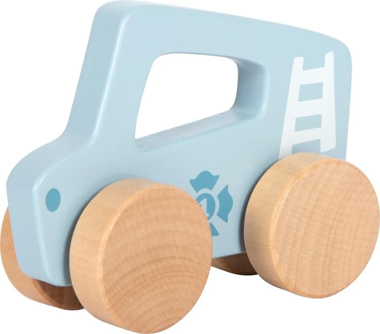 Hellblaues Schiebeauto aus Holz mit Holzkreisen als Räder. Auf dem Auto ist eine Leiter abgebildet.