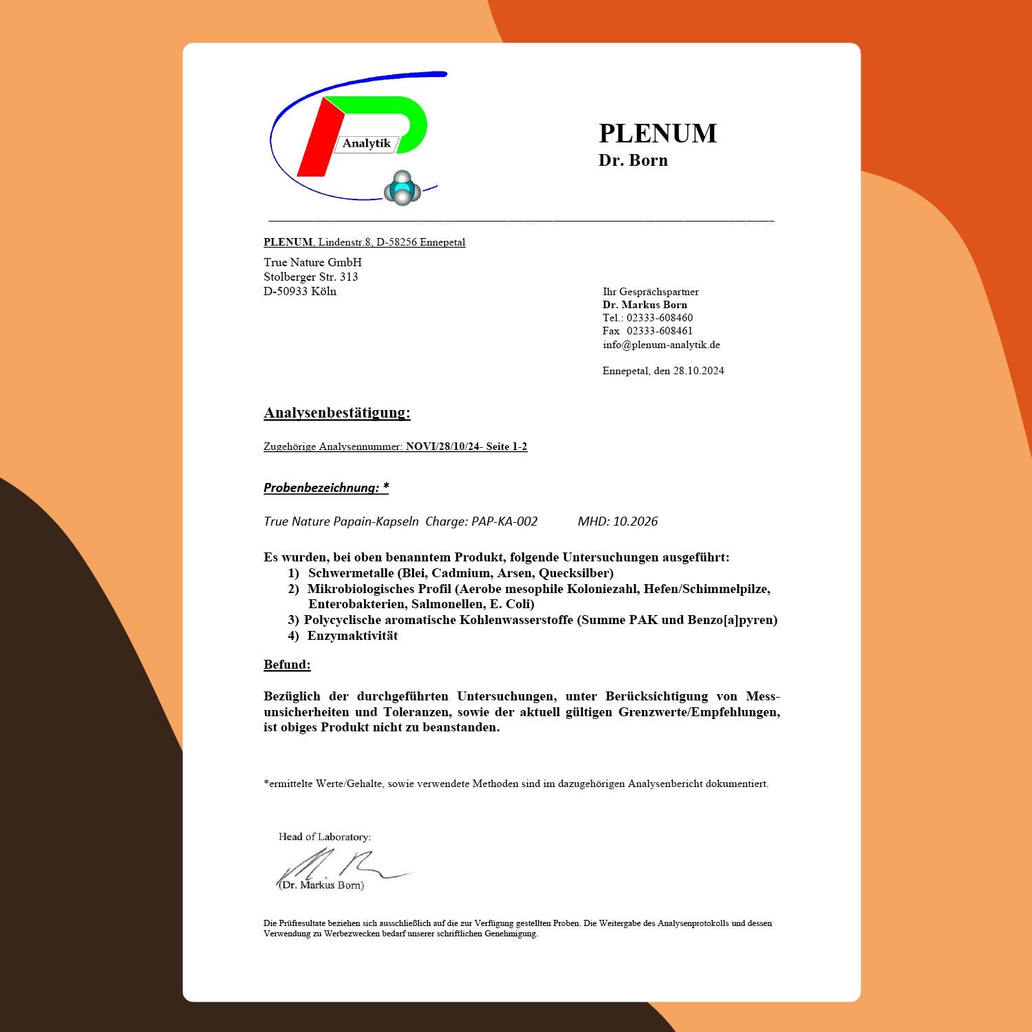Laborzertifikat. Text: True Nature Papain-Kapseln, Charge: PAP-KA-002, MHD: 20.2026. Analyseergebnisse.