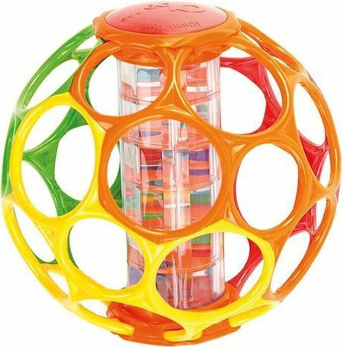Mehrfarbiger Ball mit Löchern und einer transparenten Röhre in der Mitte. Oben steht "OBALL TOYS".