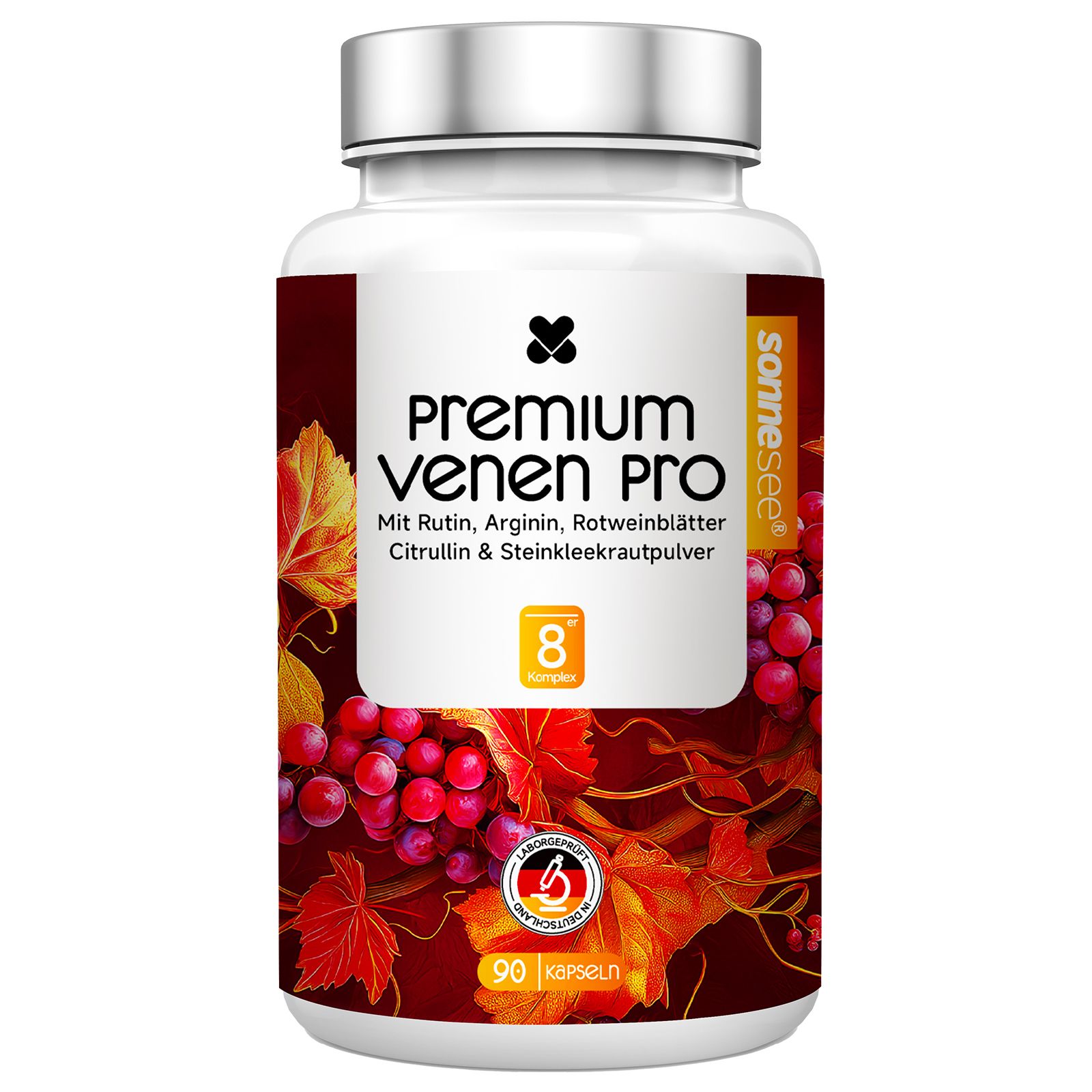Flasche mit 90 Kapseln "Premium Venen Pro" mit Traubenmotiv. Enthält Rutin, Arginin, Rotweinblätter, Citrullin & Steinkleekrautpulver.