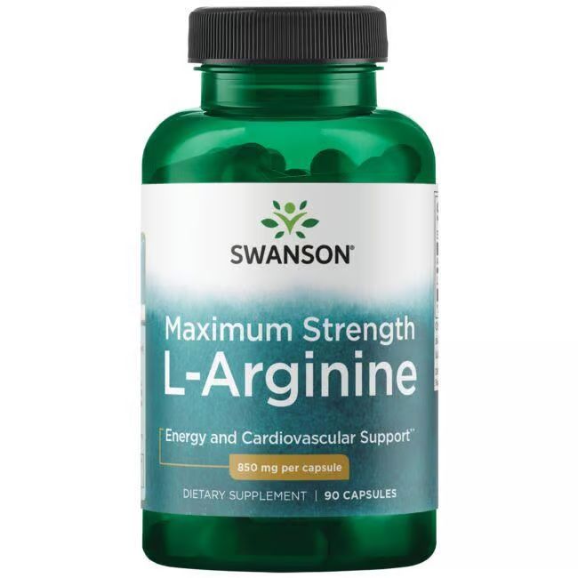 Grüne Flasche mit schwarzem Deckel. Aufschrift: SWANSON L-Arginin 850 mg. Etikett mit Produktinformationen und Logo.