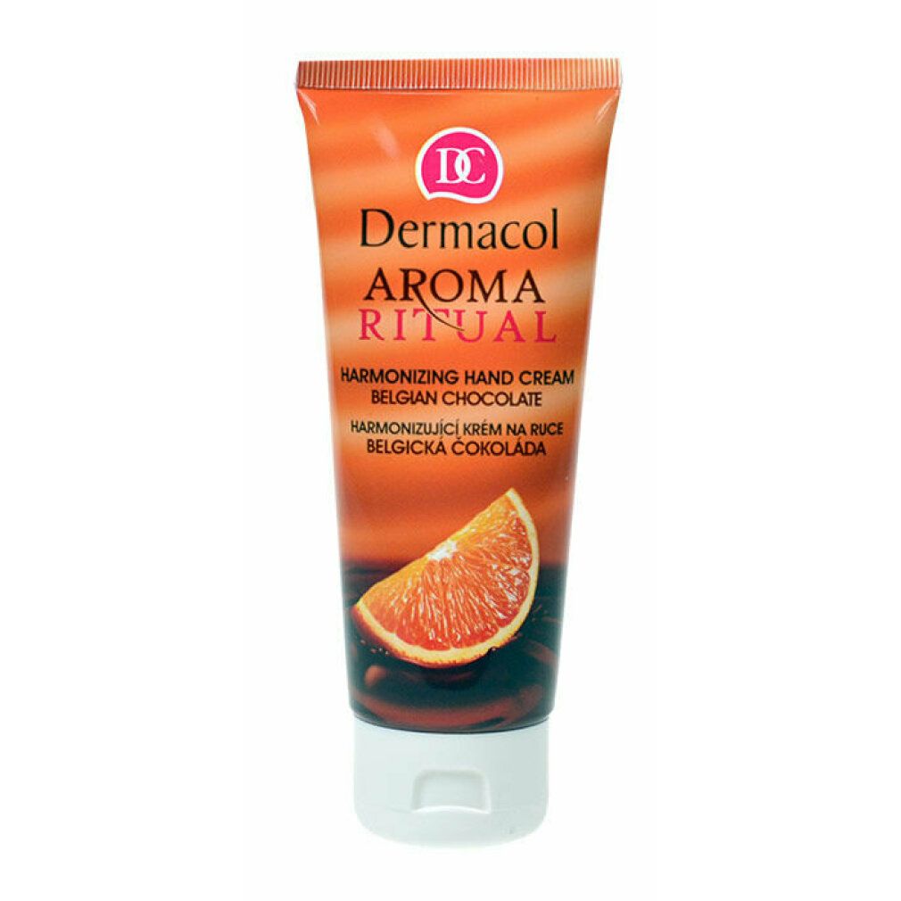 Tube Handcreme, orange-braunes Design. Aufschrift: Dermacol Aroma Ritual, Belgian Chocolate. Abbildung einer Orangenscheibe.