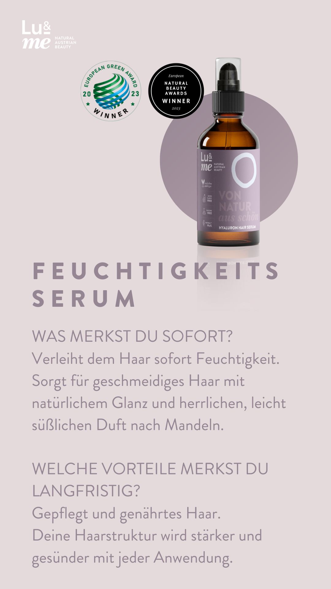 Braune Glasflasche mit Sprühkopf. Aufkleber mit weißem Kreis und Text. Zertifizierungen: European Green Award Winner, Natural Beauty Awards Winner.