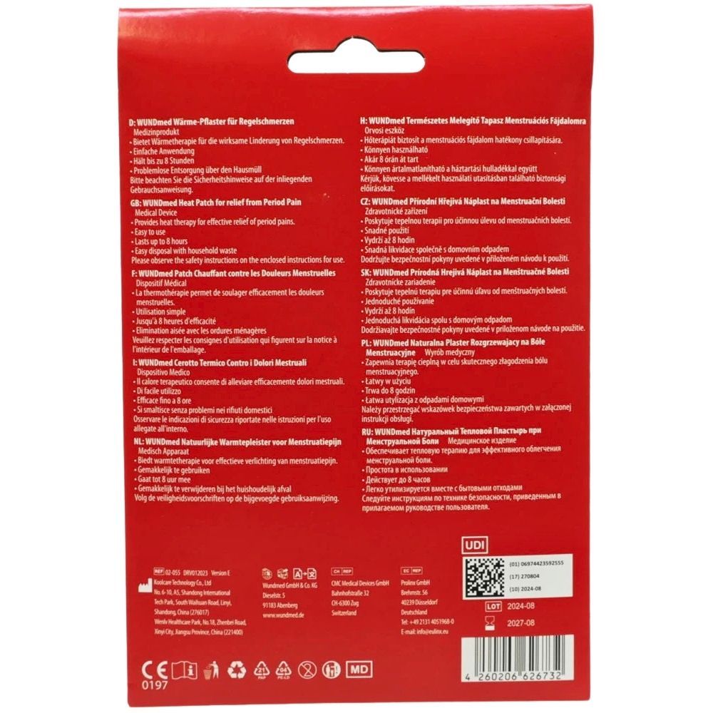 Rückseite der Verpackung eines Wärme-Pflasters mit Anwendungshinweisen und Produktinformationen.