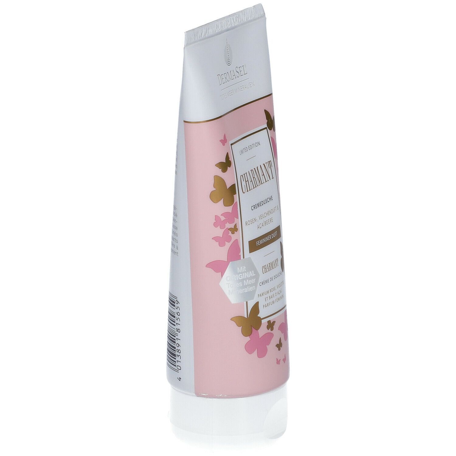 Schräg stehende Tube mit rosa Hintergrund, goldfarbenen Schmetterlingen und Schriftzug CHARMANT.