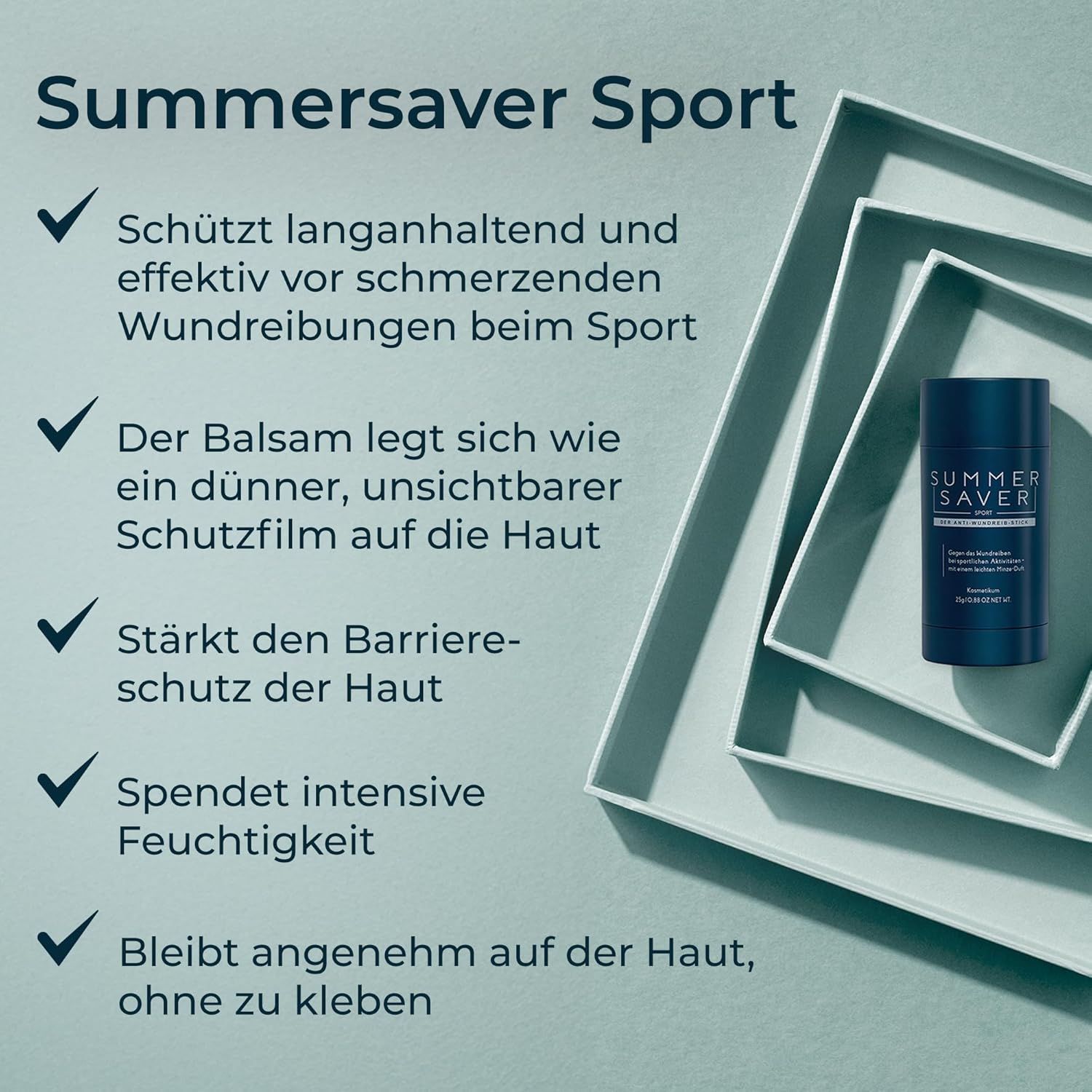 Blauer Stick auf weißem Hintergrund. Text: Summersaver Sport. Schützt vor Wundreibungen. Spendet Feuchtigkeit. Bleibt angenehm auf der Haut.