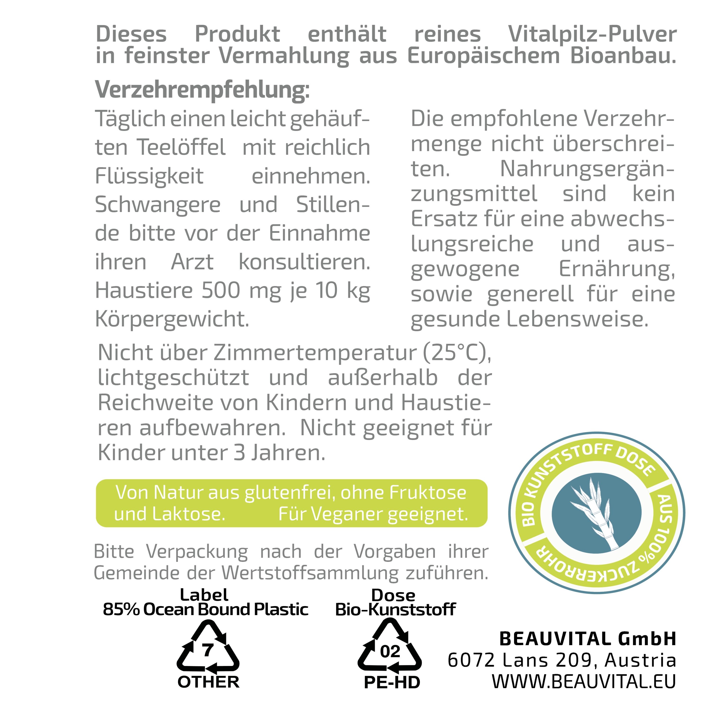BEAUVITAL Pure Bio Blend Active 50plus Vitalpilzpulver, 100g Dose mit EU Bio-Siegel.