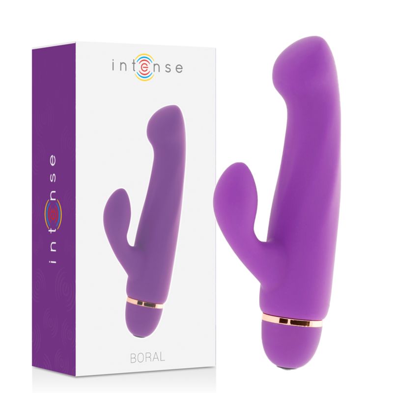 Produkt und Verpackung. Lila Vibrator neben weißer Box mit Intense Boral Logo. Produktabbildung auf der Box.