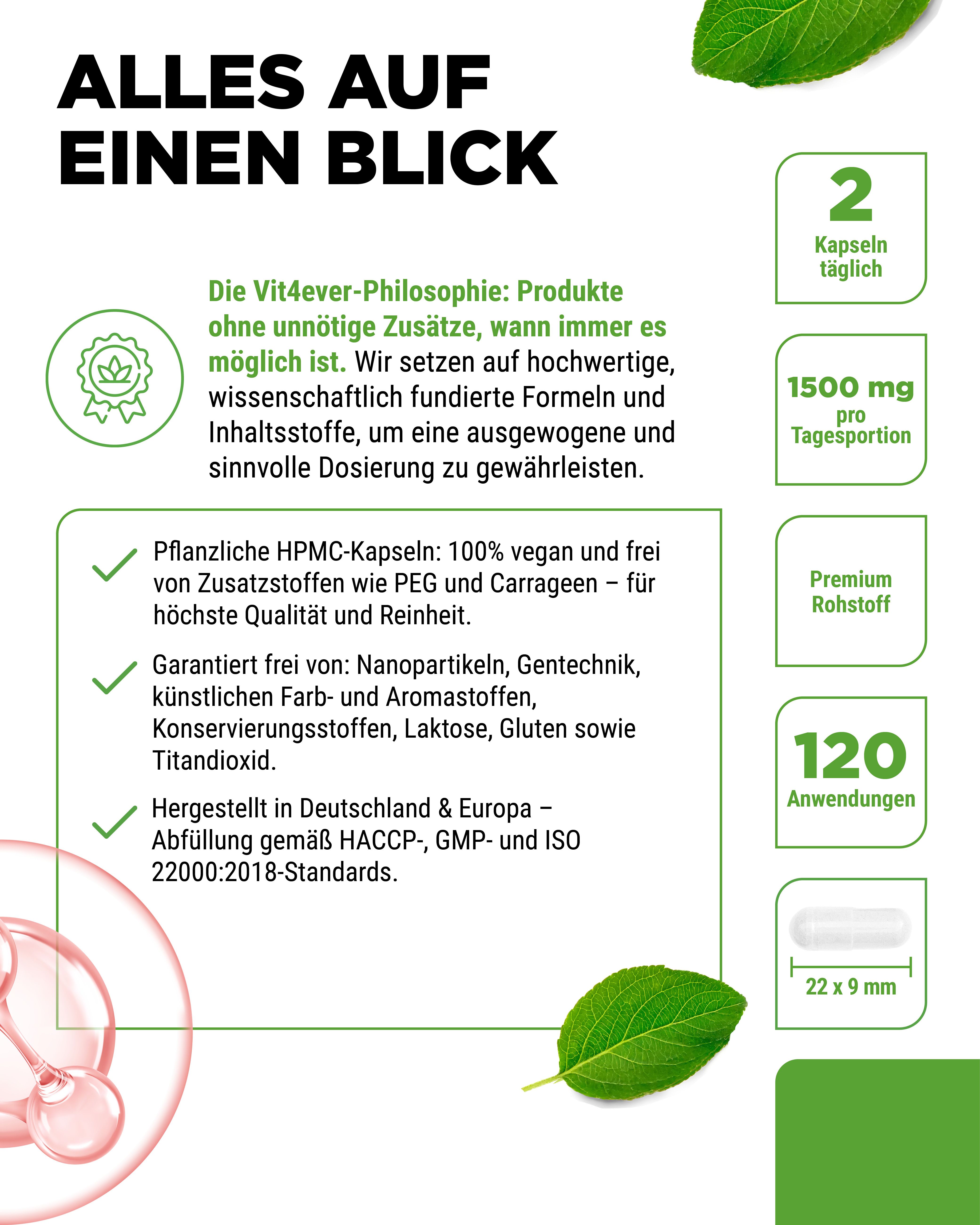 Weißes Pillenbehälter mit grünem Deckel. Aufschrift: Inositol, 240 Kapseln. Logo: vit4ever. Text: Aktives Myo-Inositol. Text und Symbole.