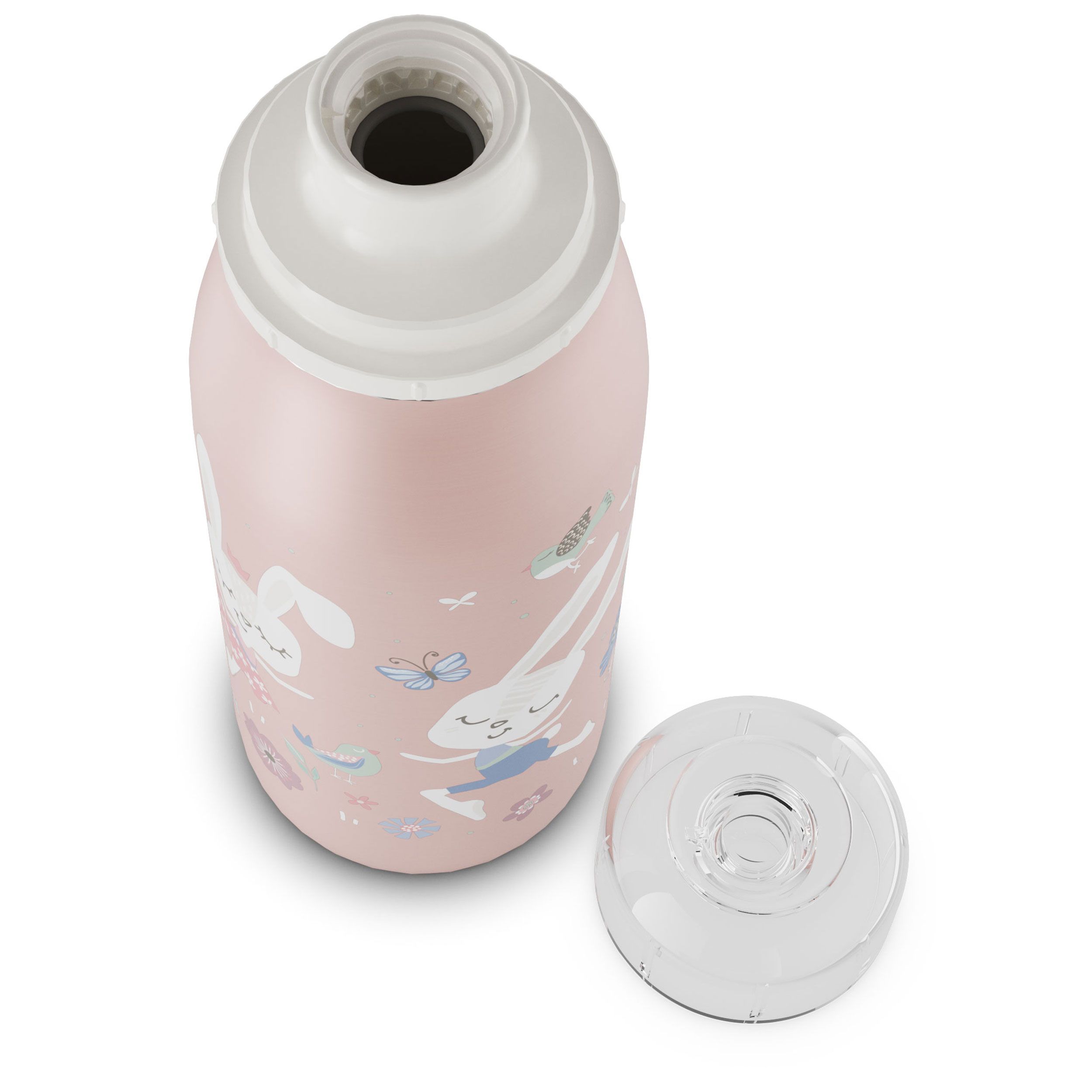 Nahaufnahme des offenen Deckels der rosa Isolierflasche mit Hasenmotiv.