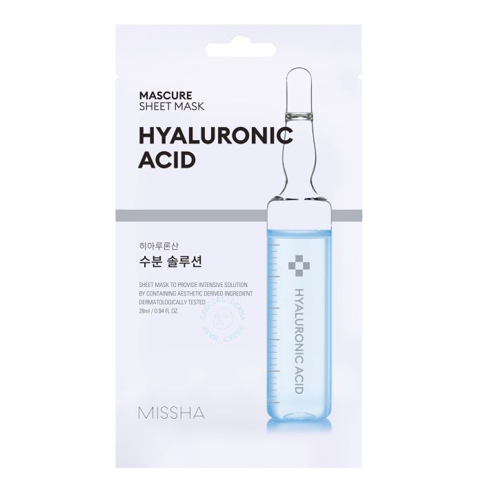 Verpackung mit Ampulle und Schriftzug HYALURONIC ACID. Aufschrift MASCURE SHEET MASK. Marke MISSHA.