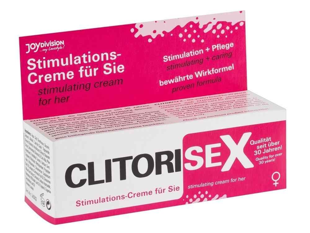 Weiße und pinke Faltschachtel mit Produktnamen und Text. Schriftzug: CLITORISEX. Zusatz: Stimulations-Creme für Sie.