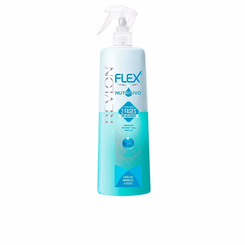 Hellblau-weiße Sprühflasche mit "Revlon Flex"-Logo und "2 Fases"-Aufdruck. Für normales und trockenes Haar.