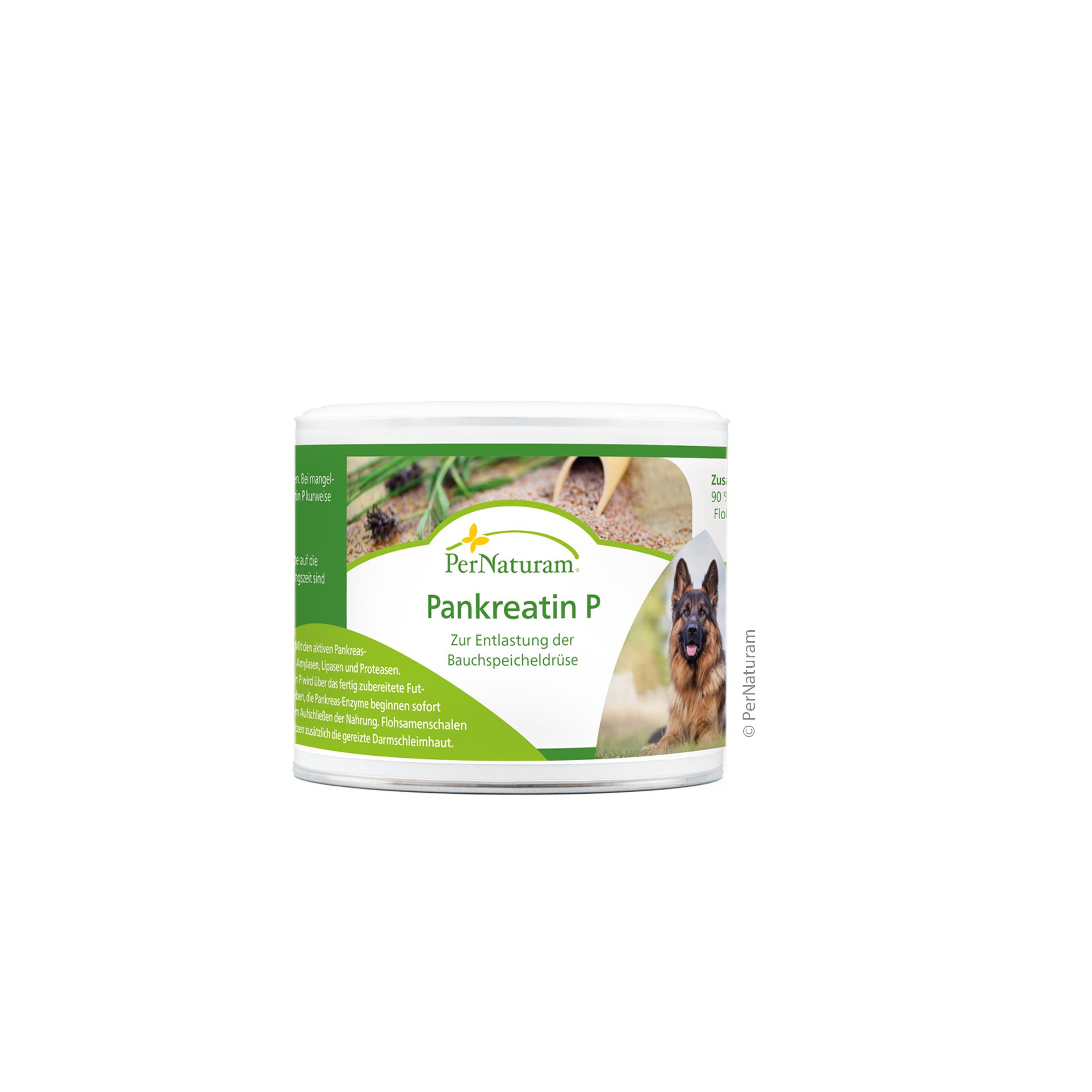 PerNaturam Pankreatin P Dose mit Hundebild und Produktinformationen.