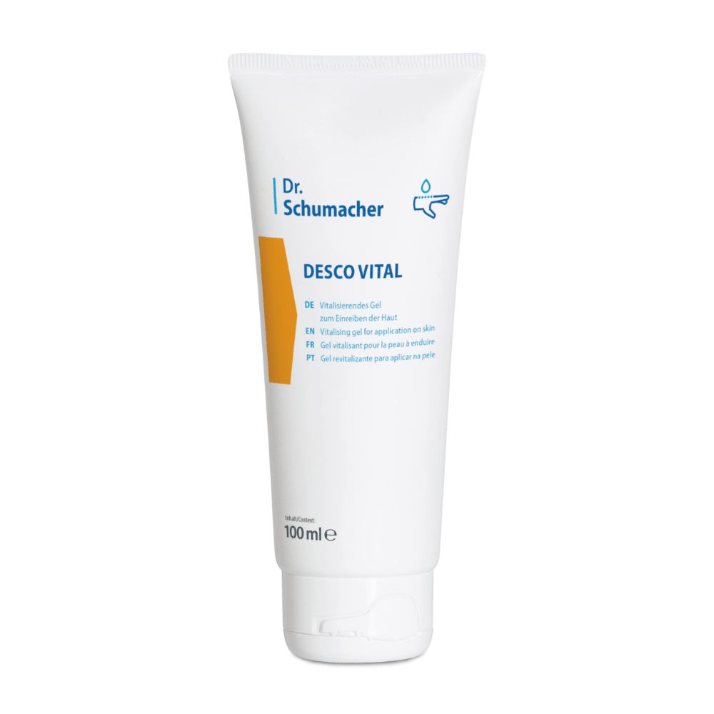 Weiße Tube mit blauem Logo und Schriftzug. Aufschrift: Desco Vital Gel. Text in Deutsch, Englisch, Französisch und Portugiesisch.
