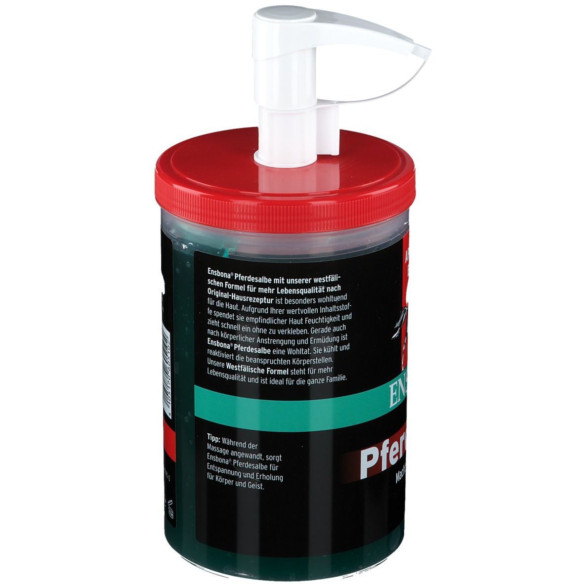 Dose Ensbona Pferdesalbe mit rotem Deckel und weißem Spender. Schwarzes Etikett mit Logo und Schriftzug. Text auf der Dose.