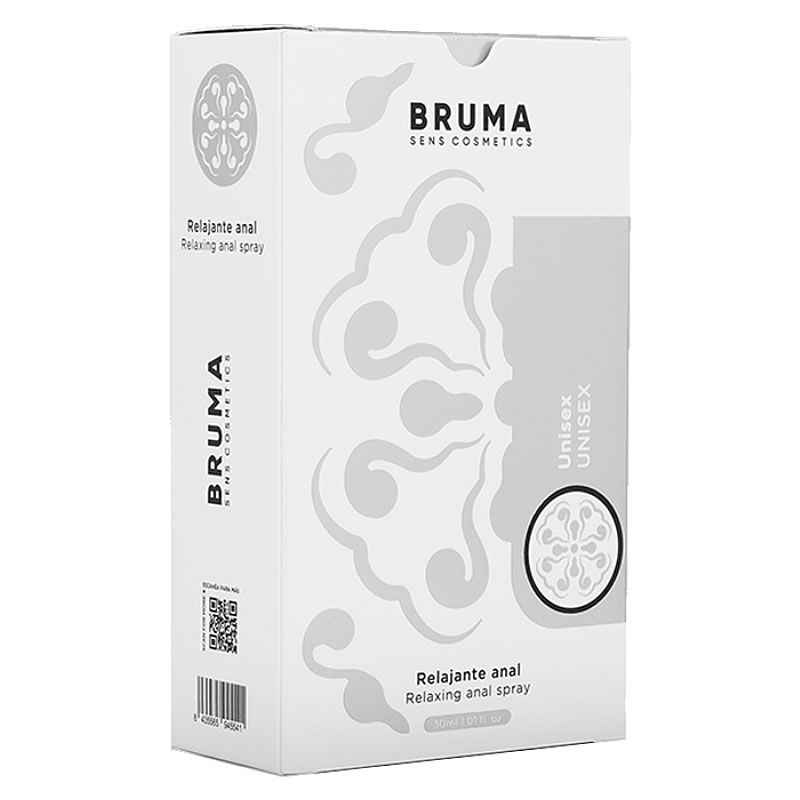 Verpackung für Bruma Anal Relaxing Spray, weiß mit grauem Muster.