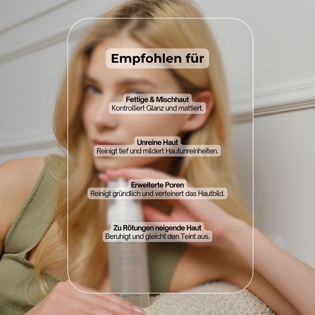 Produkt mit weißem Pumpkopf. Text: Dr. SEA, Mattifying Hamamelis Facial Foam. Empfohlen für verschiedene Hauttypen.