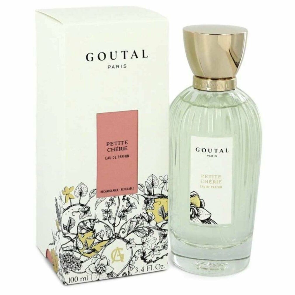 Parfümflasche und Verpackung. Aufschrift Goutal Paris und Petite Cherie. Verpackung mit floralem Muster und rosa Feld.