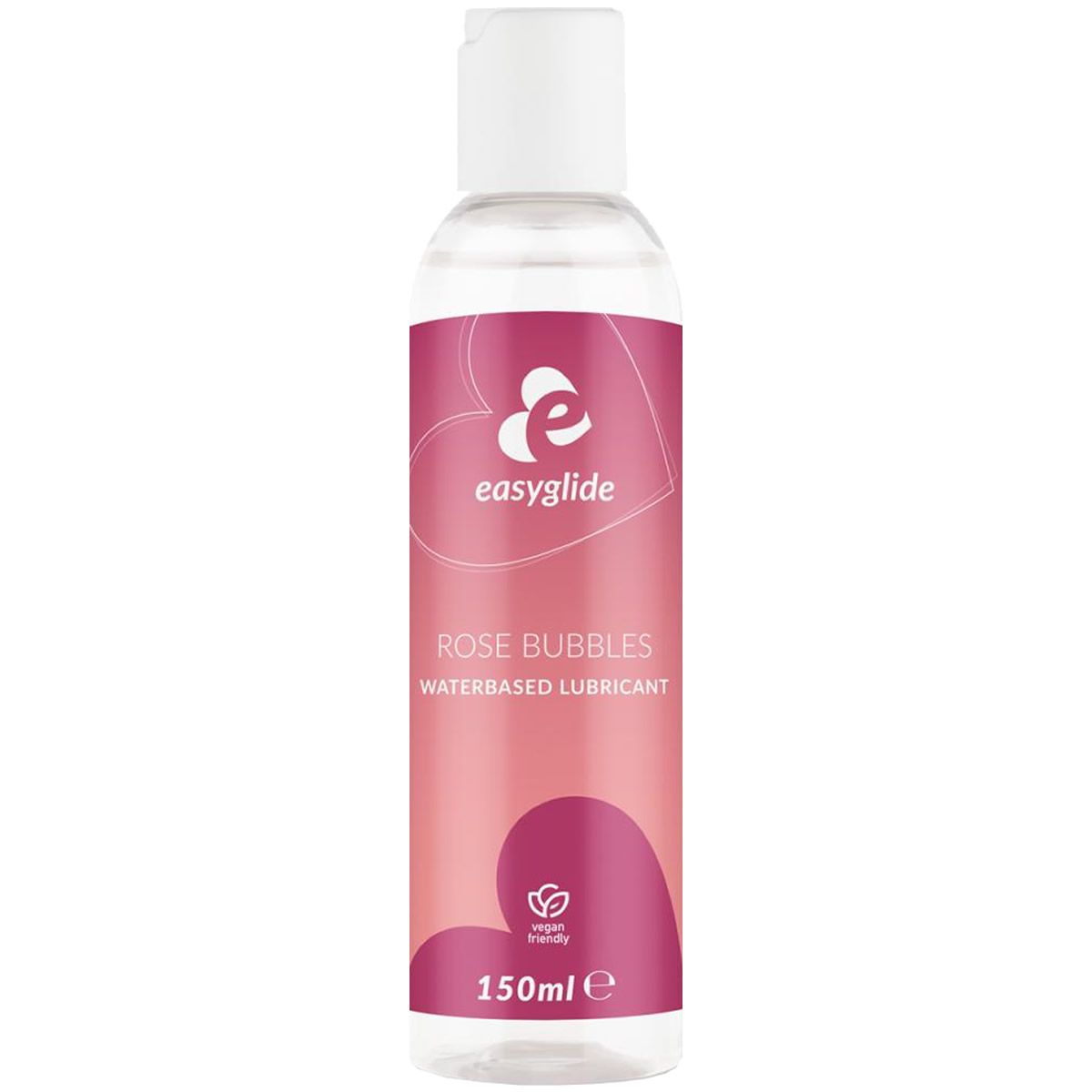 Flasche mit rosa Etikett. Aufschrift: easyglide, Rose Bubbles, Waterbased Lubricant. Vegan-Siegel. 150ml.