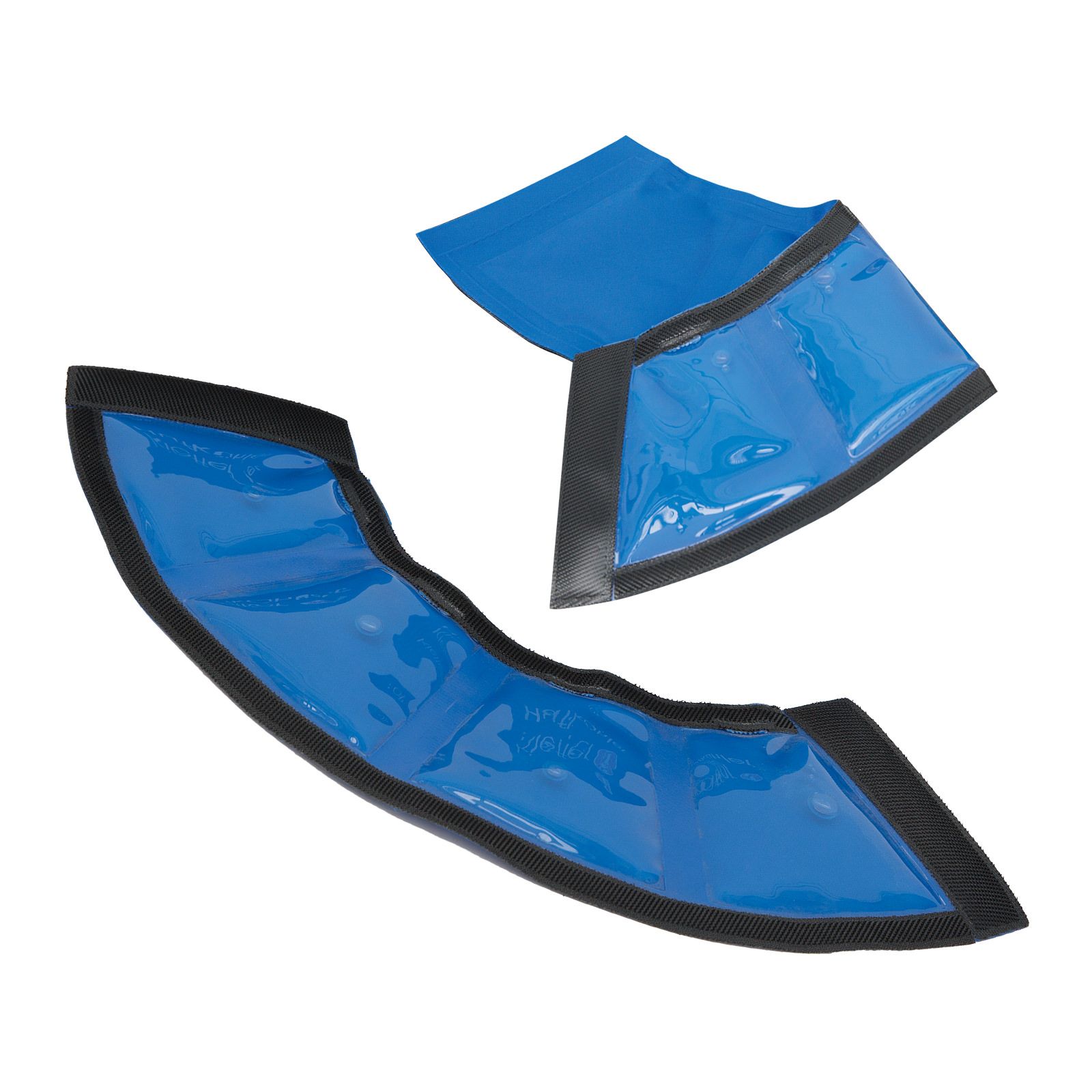 Zwei blaue Hufkühler mit schwarzem Rand und Klettverschluss. Produktname nicht sichtbar.