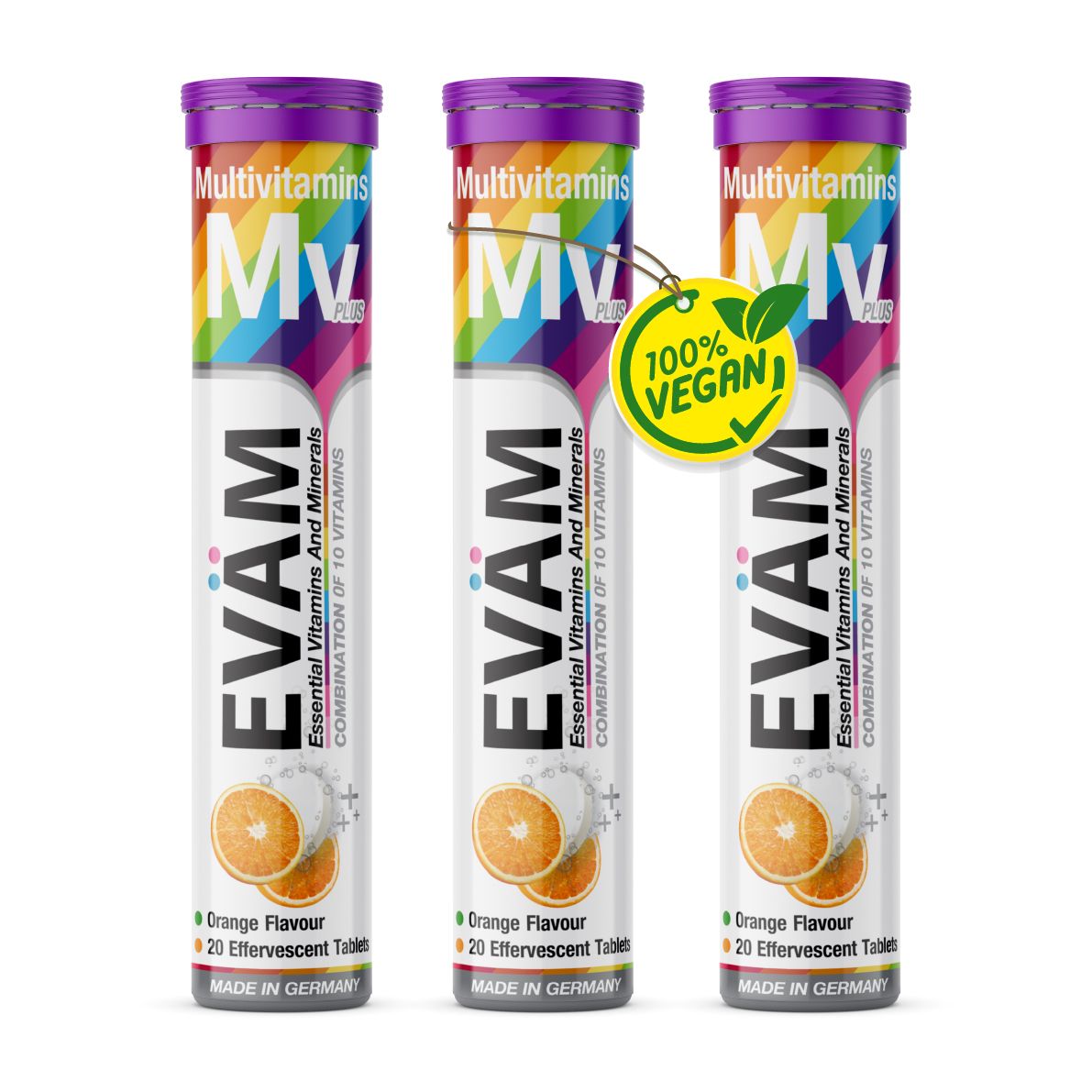 Drei EVÄM Multivitamin Brausetabletten-Tuben. Jede Tube hat einen lila Deckel und enthält 20 Brausetabletten mit Orangengeschmack.