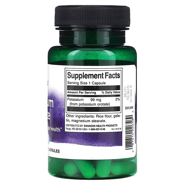 Rückseite einer grünen Flasche mit weißen Etiketten. Enthält grüne Kapseln. Aufschrift: Supplement Facts, 99 mg Kalium.
