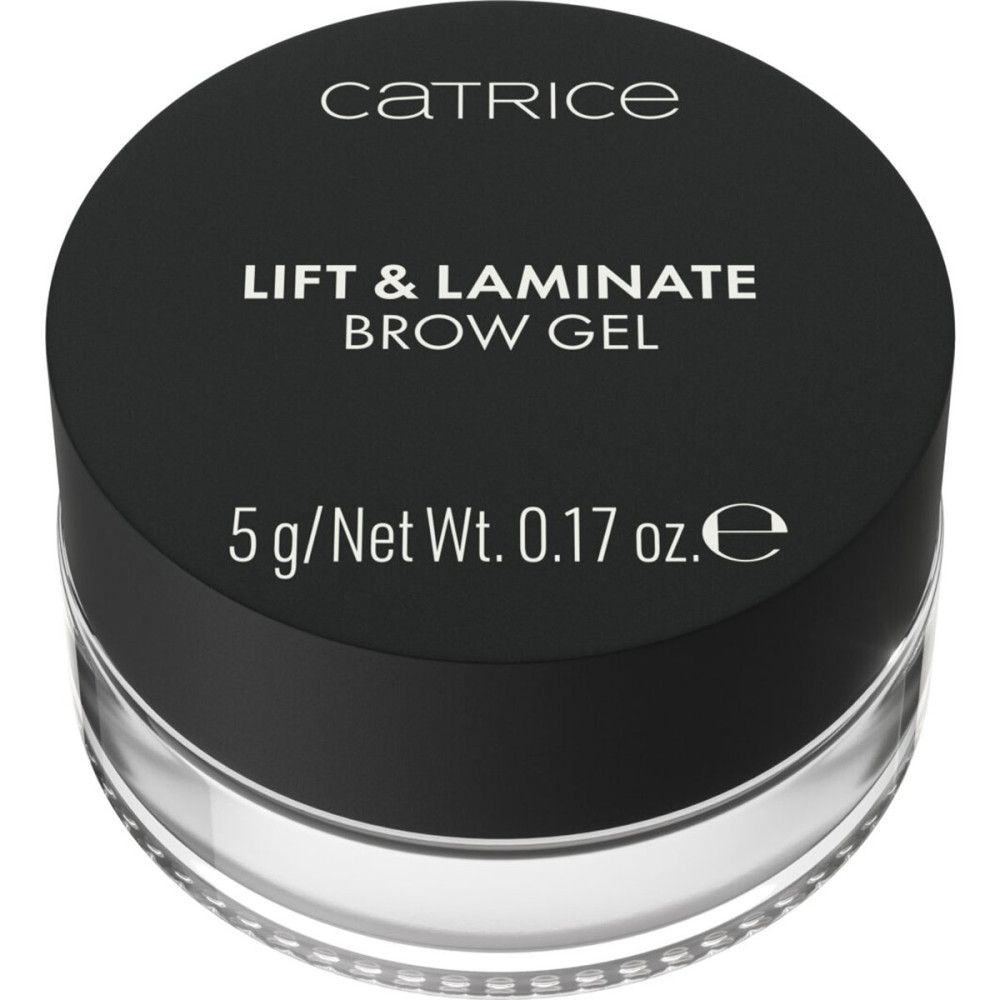 Catrice Gel Sourcils Lift & Laminate. Schwarzer Deckel mit Produktinformationen. Auf dem Deckel steht "LIFT & LAMINATE BROW GEL" und "5 g/Net Wt. 0.17 oz.e".