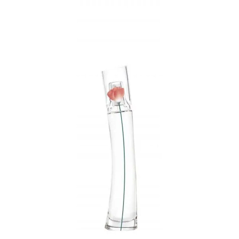 Glasflakon mit gebogener Form und roter Blume. Grüne Linie. Transparenter Flakon.
