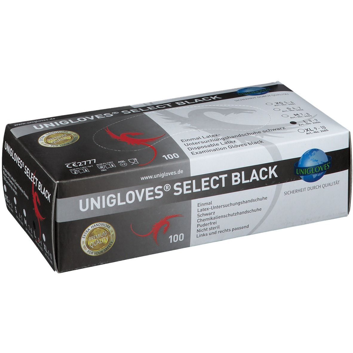 Schwarze Handschuhbox. Aufschrift: UNIGLOVES® SELECT BLACK. Enthält 100 Einmalhandschuhe. Größenangaben. CE-Kennzeichnung.