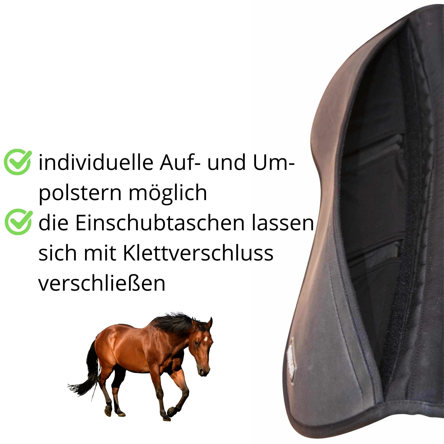 Sattelpad mit Einschubtaschen. Individuelle Auf- und Umpolsterung möglich.