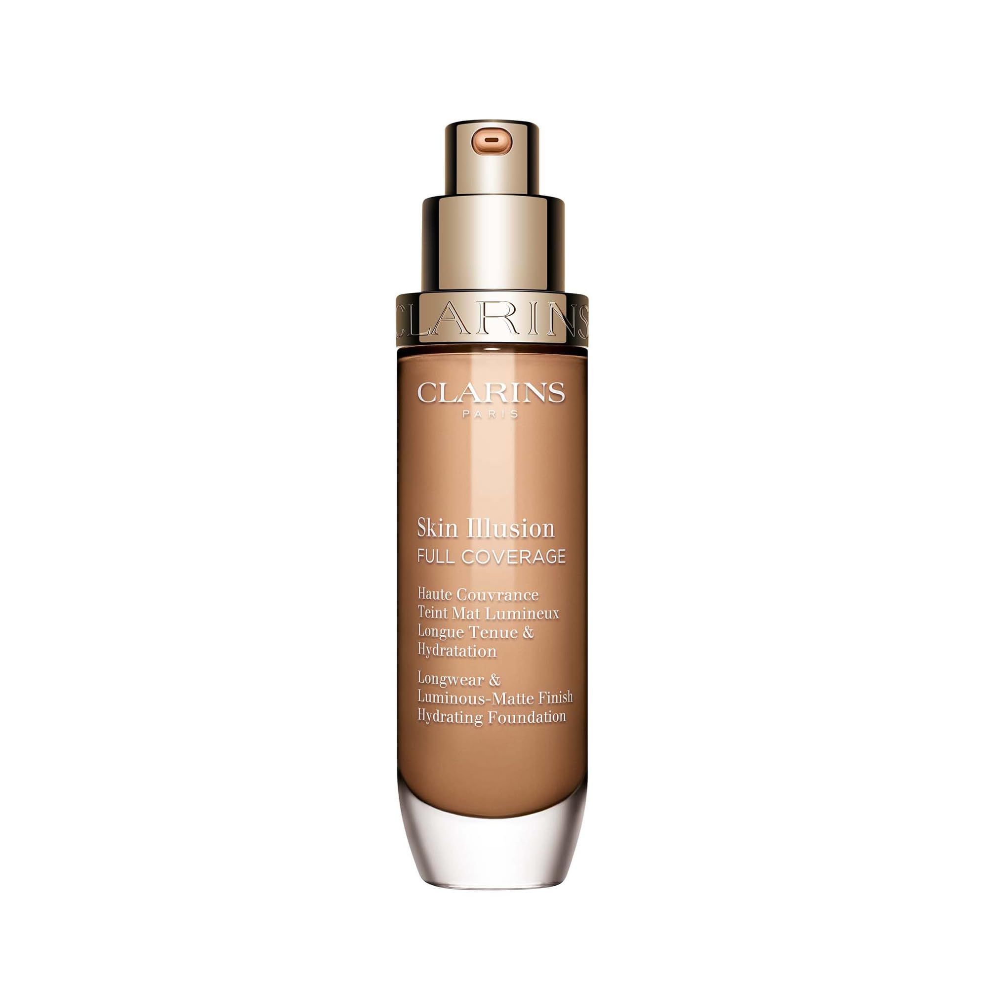 Clarins Skin Illusion Full Coverage Foundation in Farbton 110N. Glasflasche mit Pumpspender.