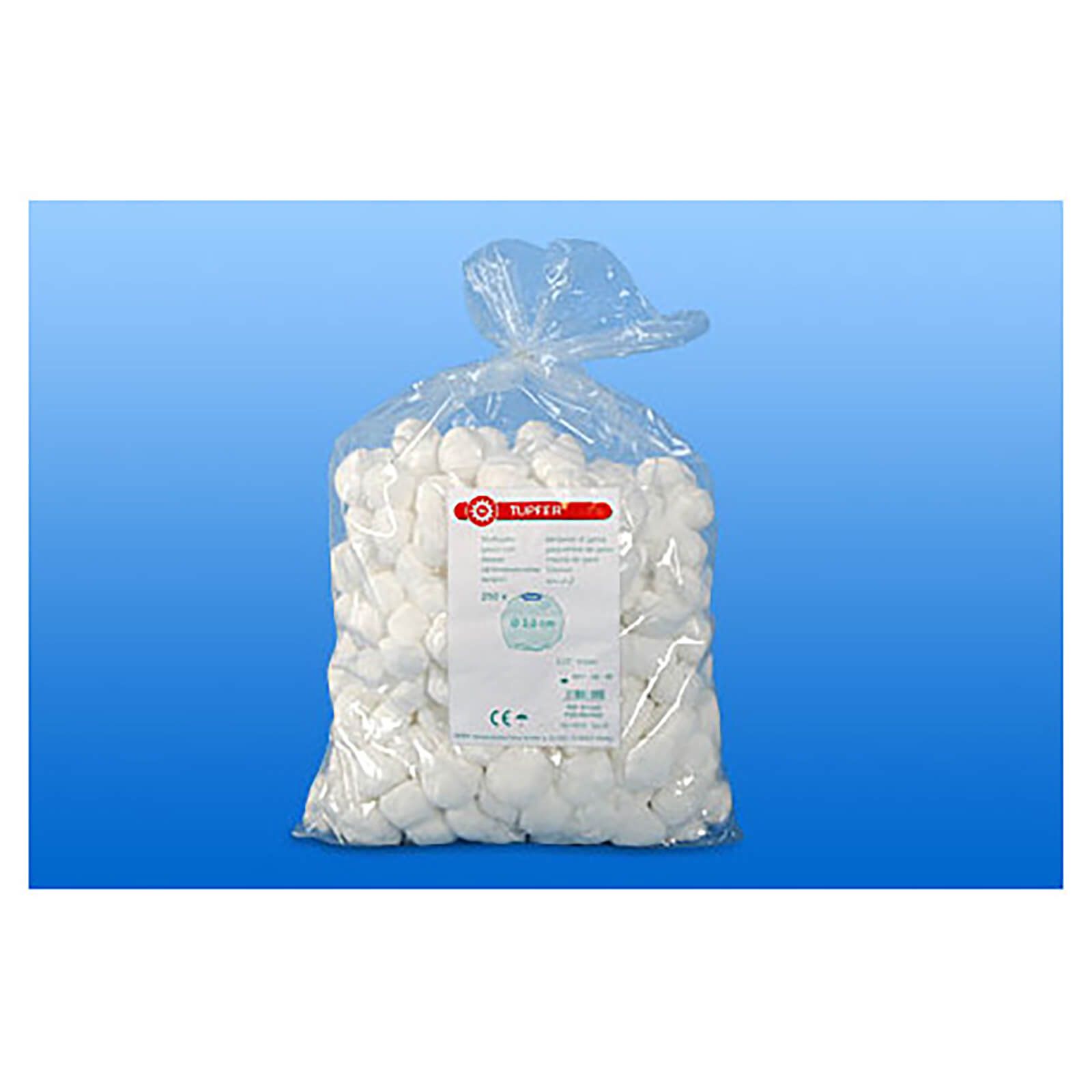 Beutel mit weißen Mulltupfern. Etikett mit Produktinformationen.