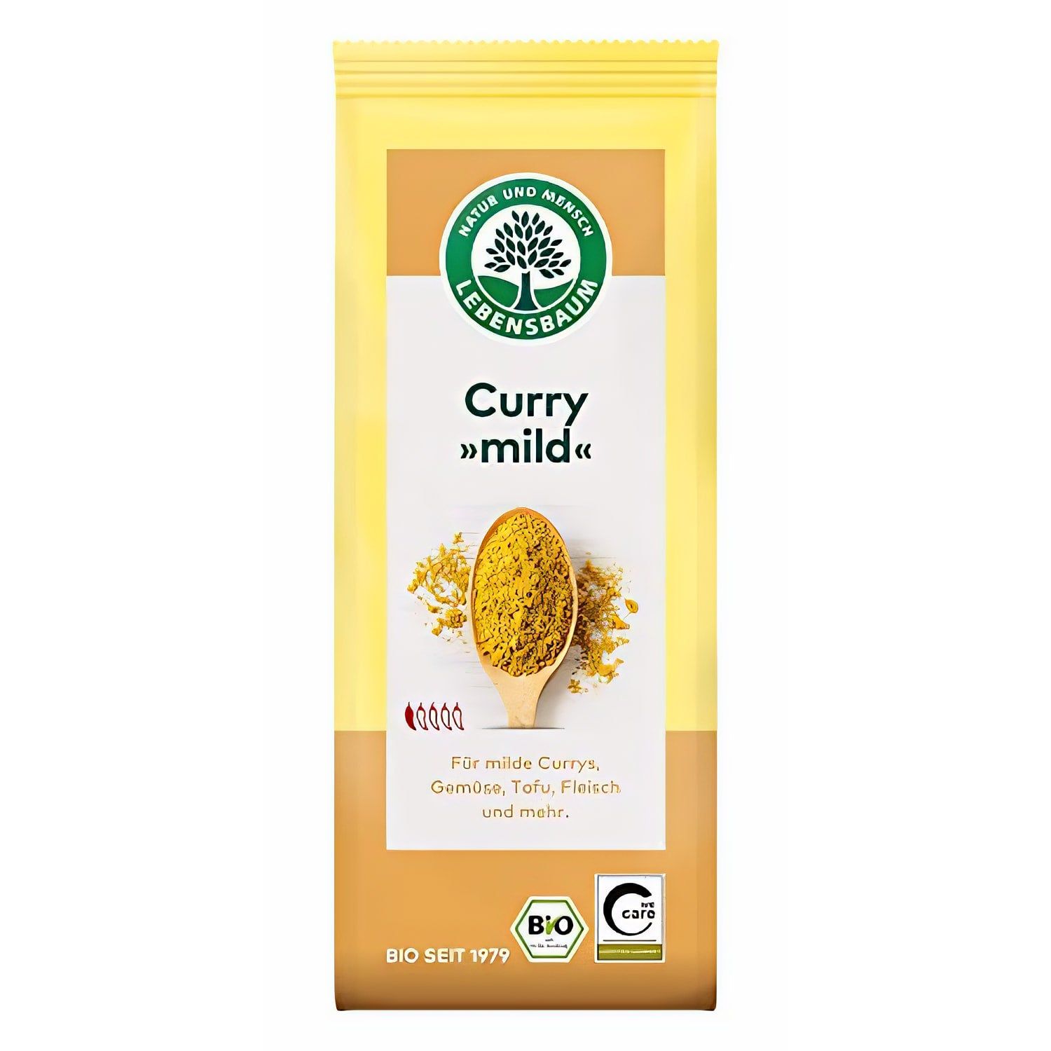 Verpackung von Lebensbaum Curry mild Gewürzmischung mit einem Holzlöffel voller Currypulver.
