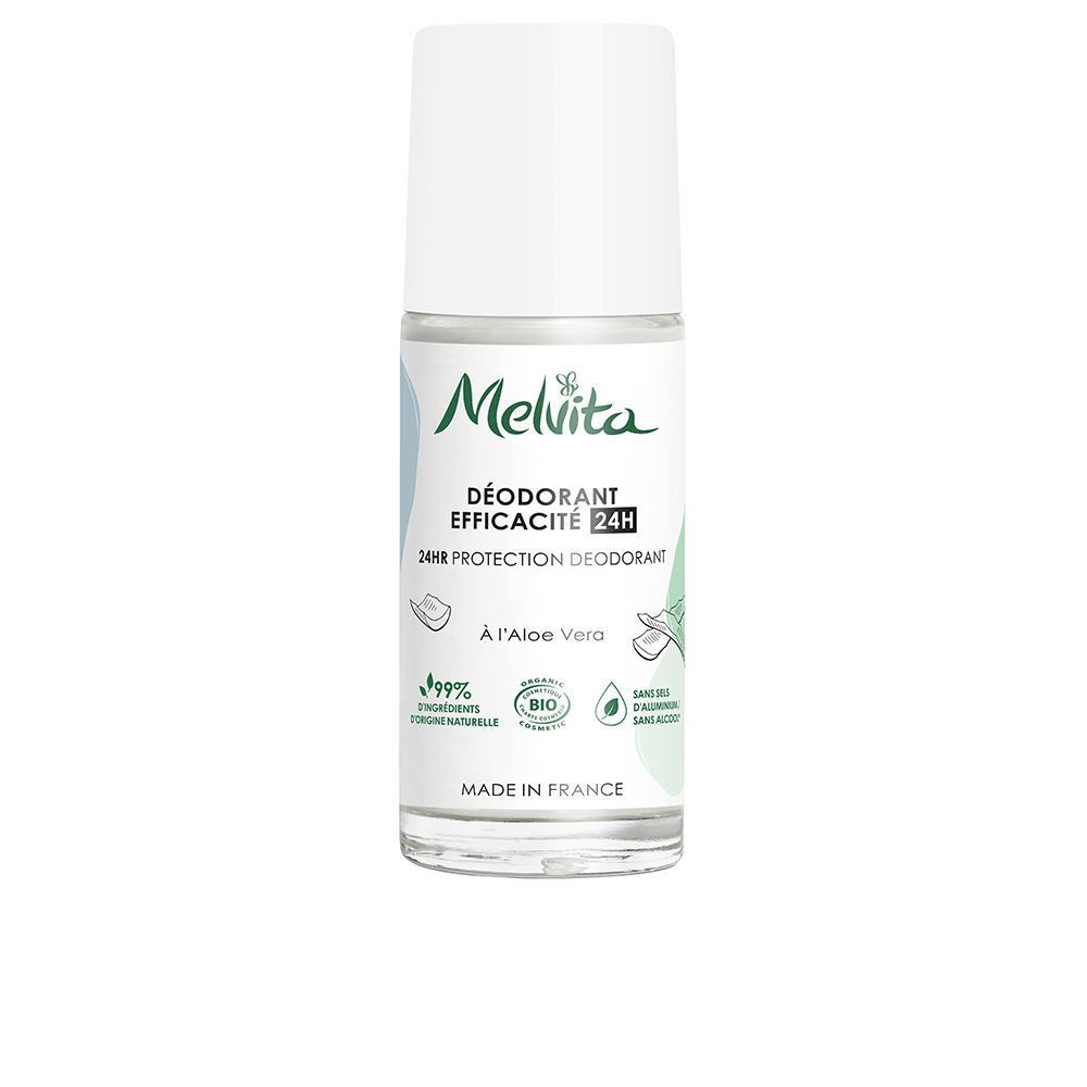 Deodorant-Roller mit weißem Deckel. Marke: Melvita. Aufschrift: Déodorant efficacité 24H. Mit Aloe Vera. Bio-Siegel.