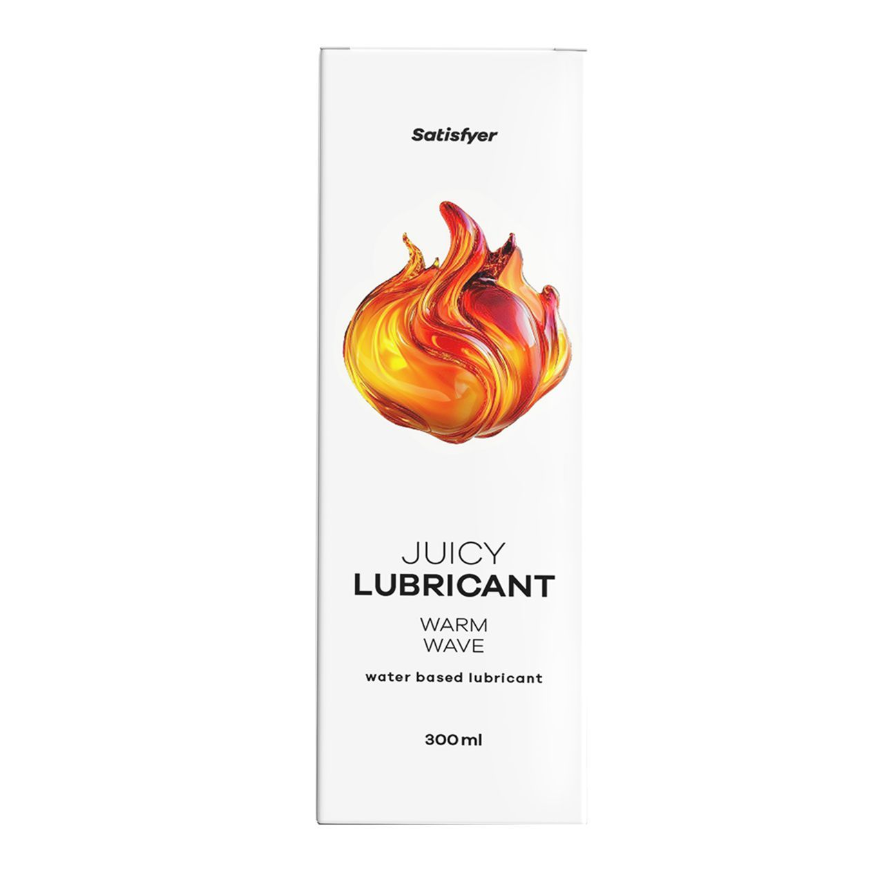 Weißer Karton mit Produktabbildung und Schriftzug. Oben steht "Satisfyer". Darunter "Juicy Lubricant Warm Wave". Unten "300ml".