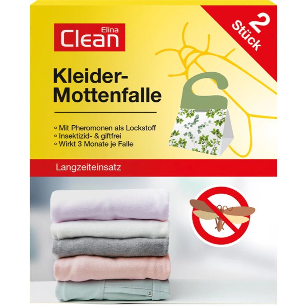 Verpackung mit zwei Kleidermottenfallen. Gelber Hintergrund, Produktname und Text. Stapel Kleidung unten.