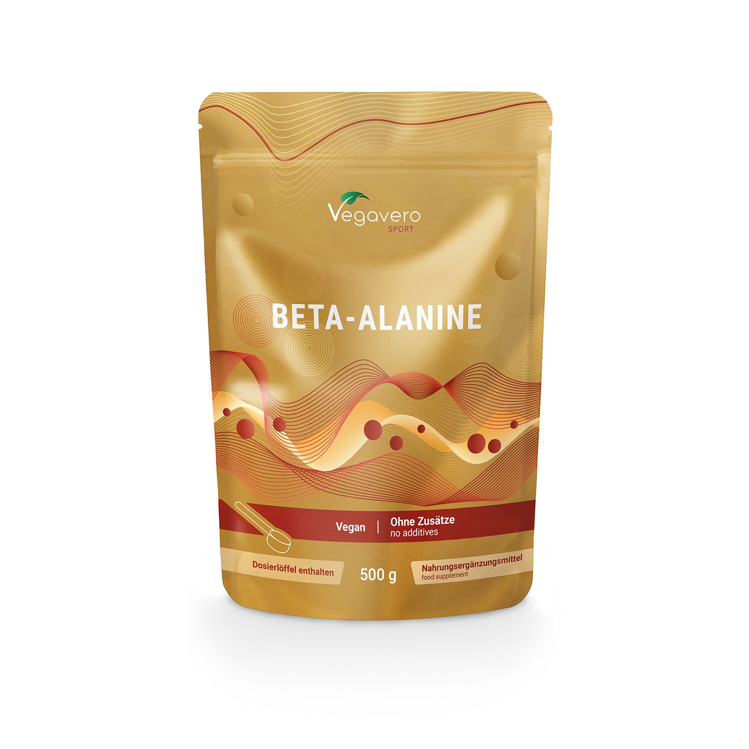 Goldfarbener Beutel mit Produktaufdruck. Schriftzug BETA-ALANINE. Vegan und ohne Zusätze. 500g. Dosierlöffel enthalten.