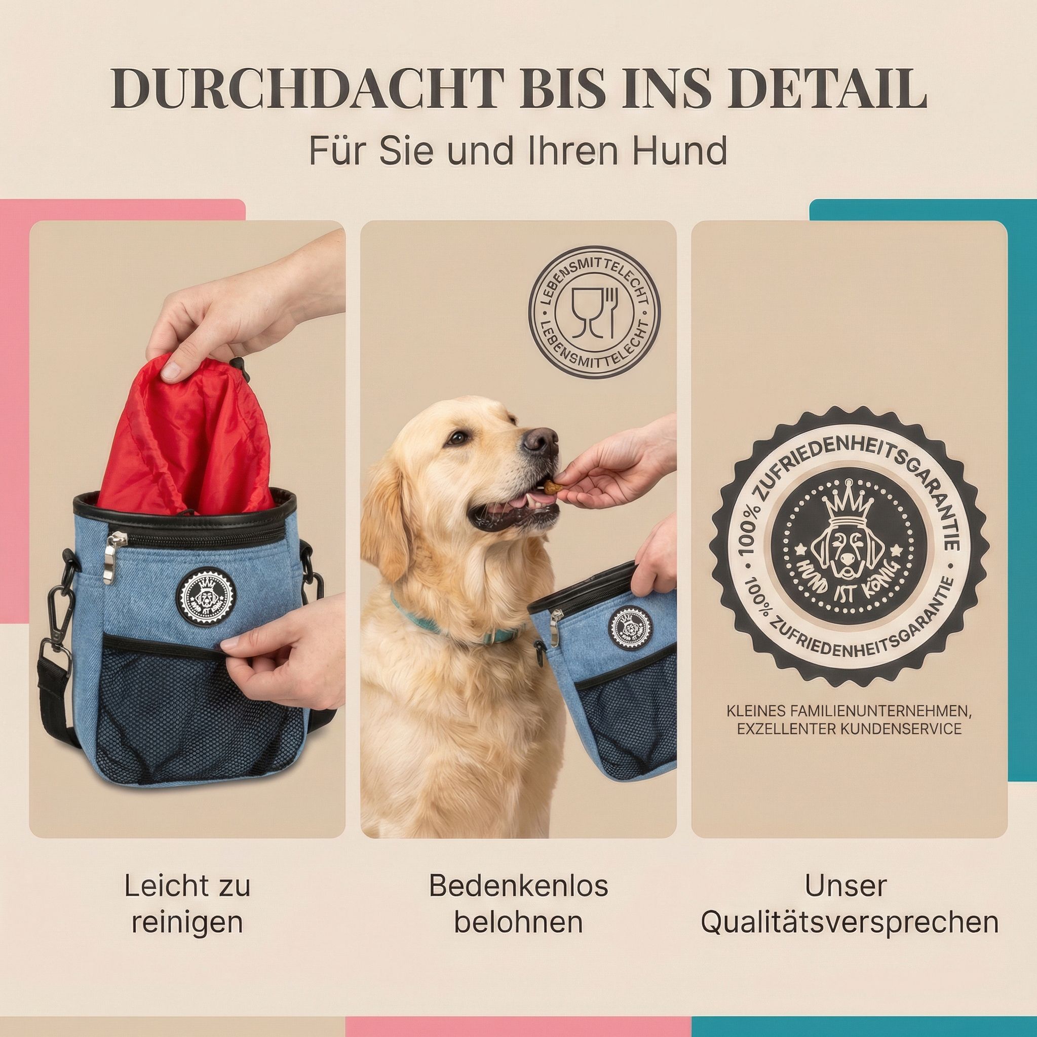 Blauer Leckerlibeutel mit rotem Innenfutter, leicht zu reinigen. LFGB-Zertifizierung und Zufriedenheitsgarantie.