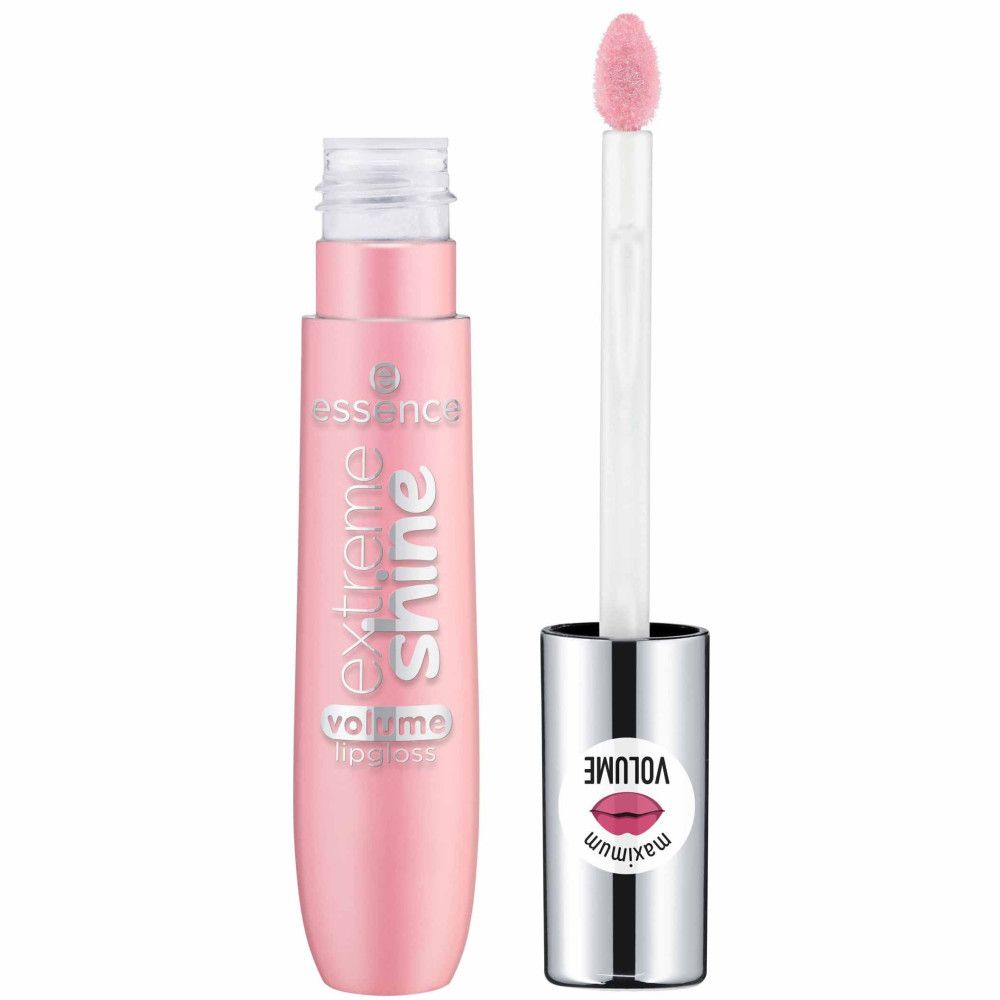 Offene Lipgloss-Tube mit rosa Inhalt und Applikator. Silberner Deckel mit Lippen-Illustration und Schriftzug 'maximum'. Schriftzug 'extreme shine volume lipgloss'.