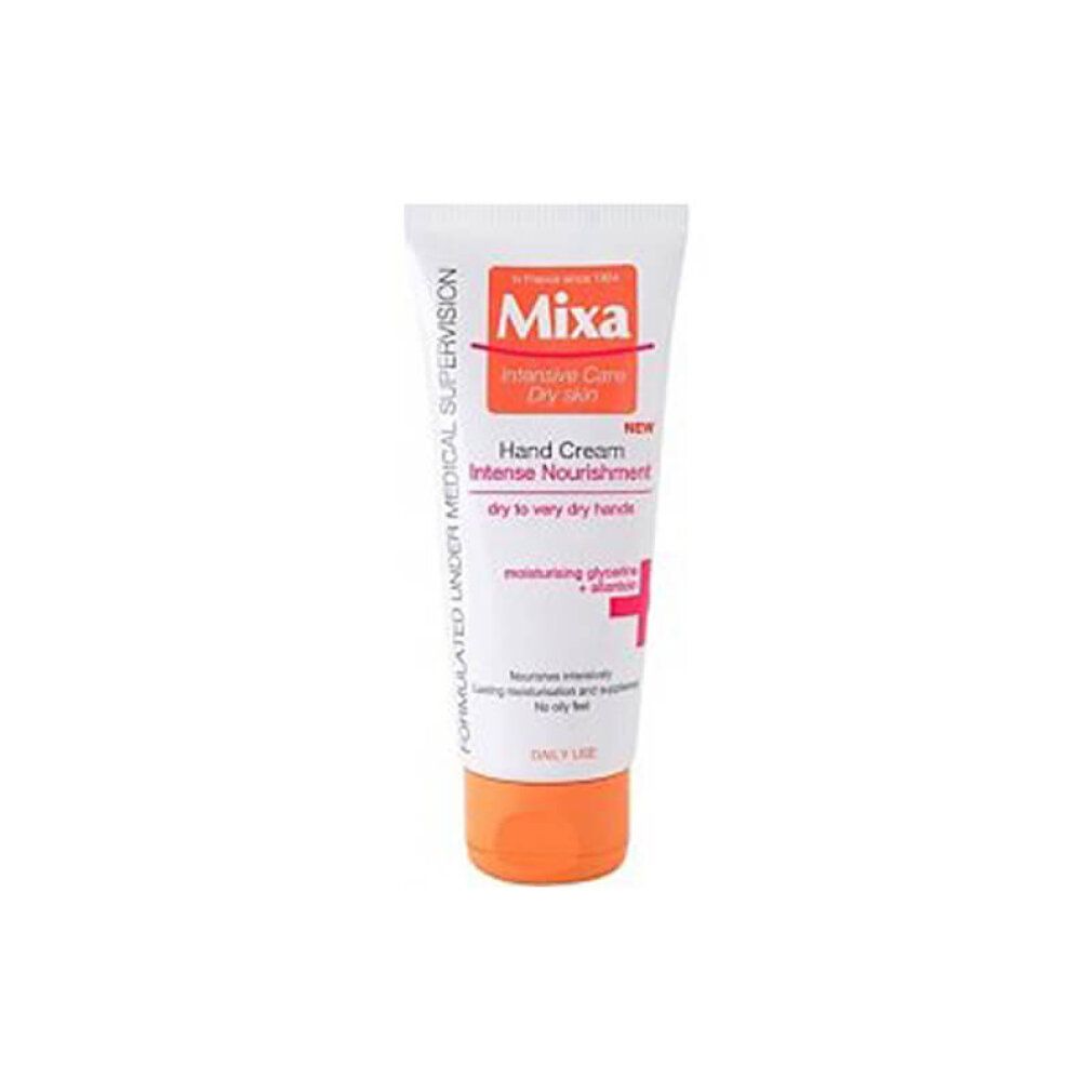 Weiße Tube mit orangefarbenem Verschluss. Aufschrift: Mixa Hand Cream, Intense Nourishment. Für trockene bis sehr trockene Hände.