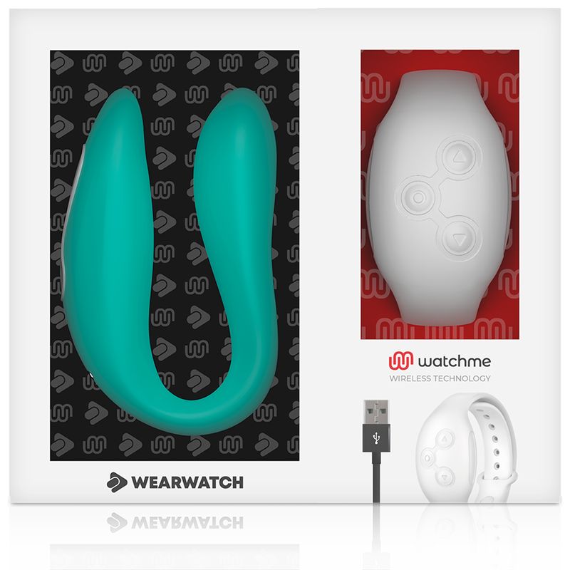 Verpackung mit Wellness-Produkt und Armbanduhr. Das Produkt ist türkisfarben. Das Logo "watchme" ist auf der Verpackung.